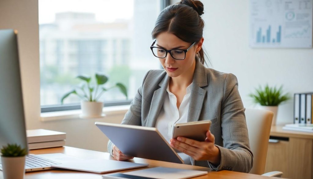 This business woman is looking worried while reading her bank statements online. Is she a Allica Bank fraud victim?