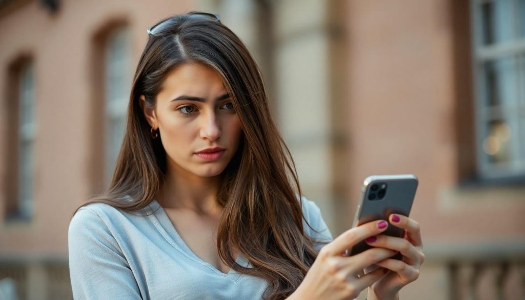 A woman looking worried while checking her phone to see if she's been targetted in a Facebook Scam or Fraud