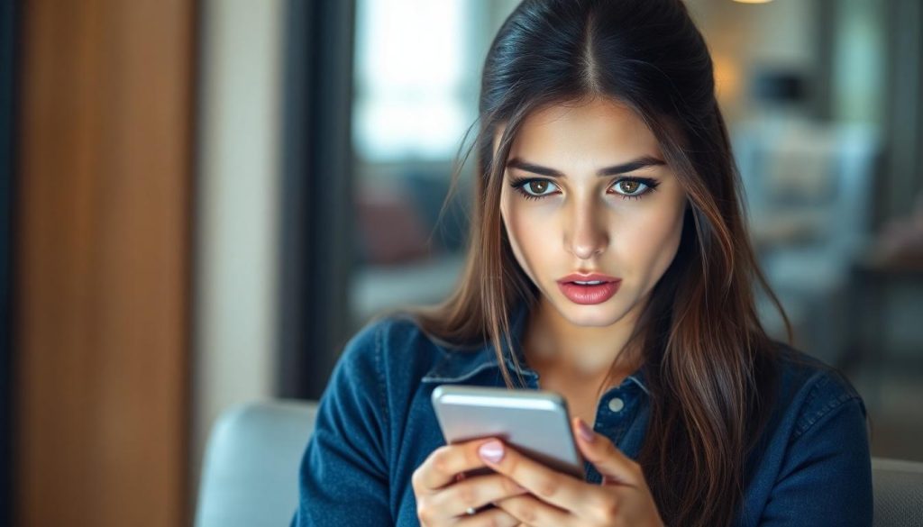 A woman looking concerned while checking her bank account on her mobile phone