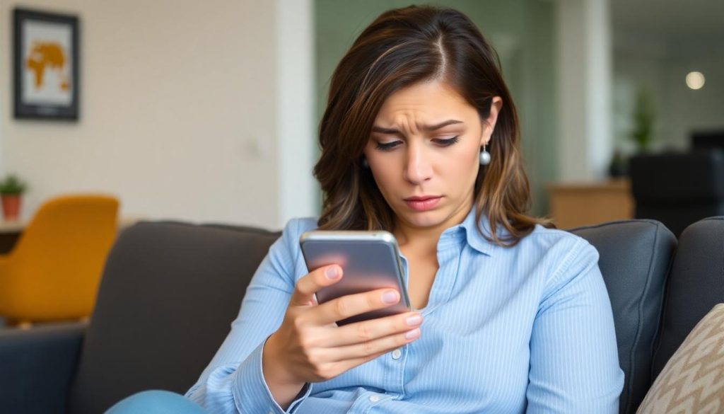 A woman looking concerned while checking her messages. Is she a Signal scam victim?