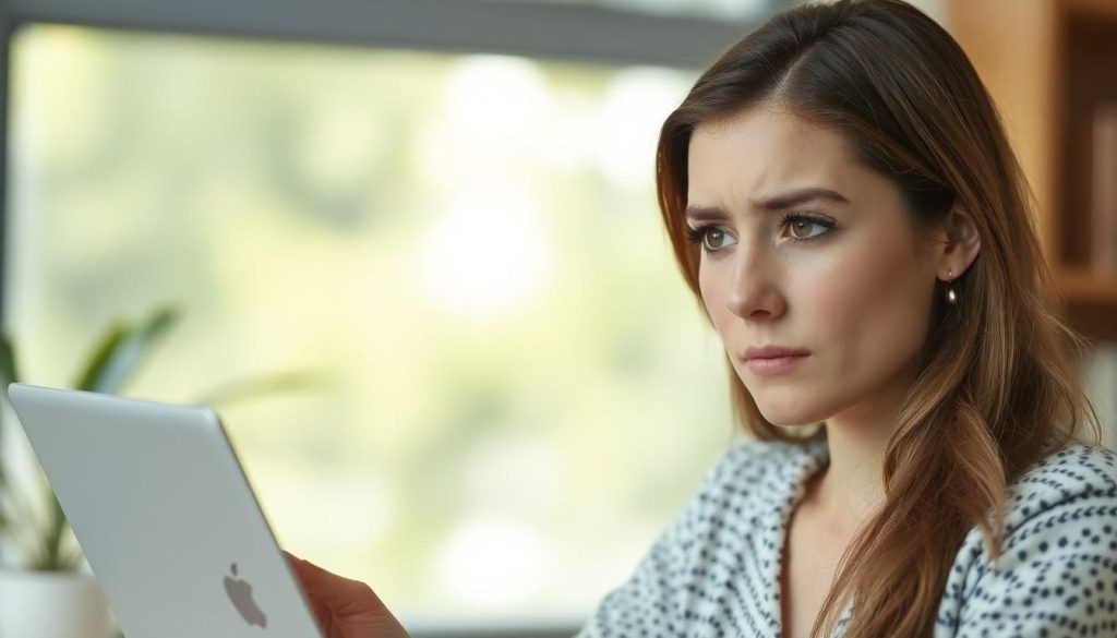 A woman who looks worried while using her computer. Is she a victim of a Skype scam?