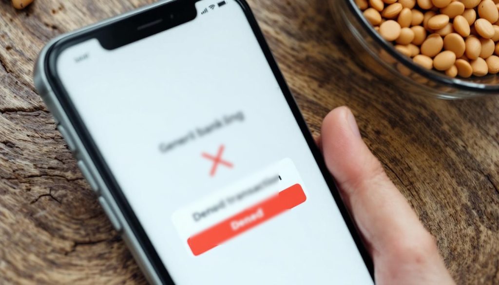 A mobile phone displaying a denied transaction - a potential warning sign of Tandem Bank fraud