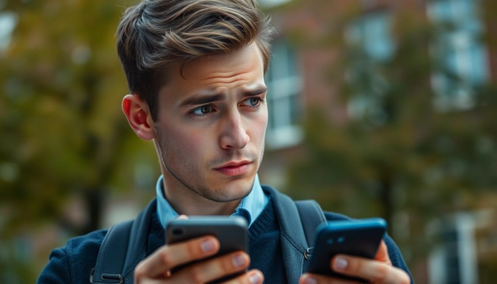 A young man looking worried that he might have been caught in a WhatsApp scam