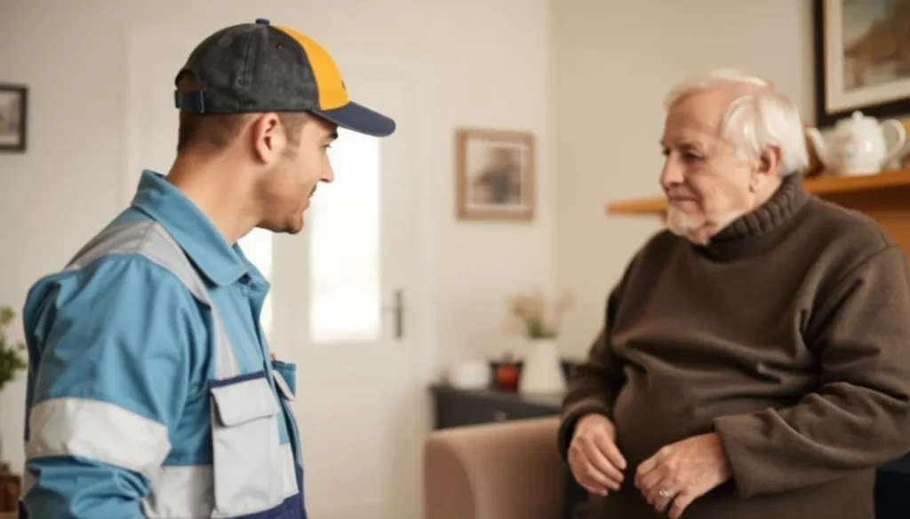An elderly resident talking to a man dressed as a gas engineer