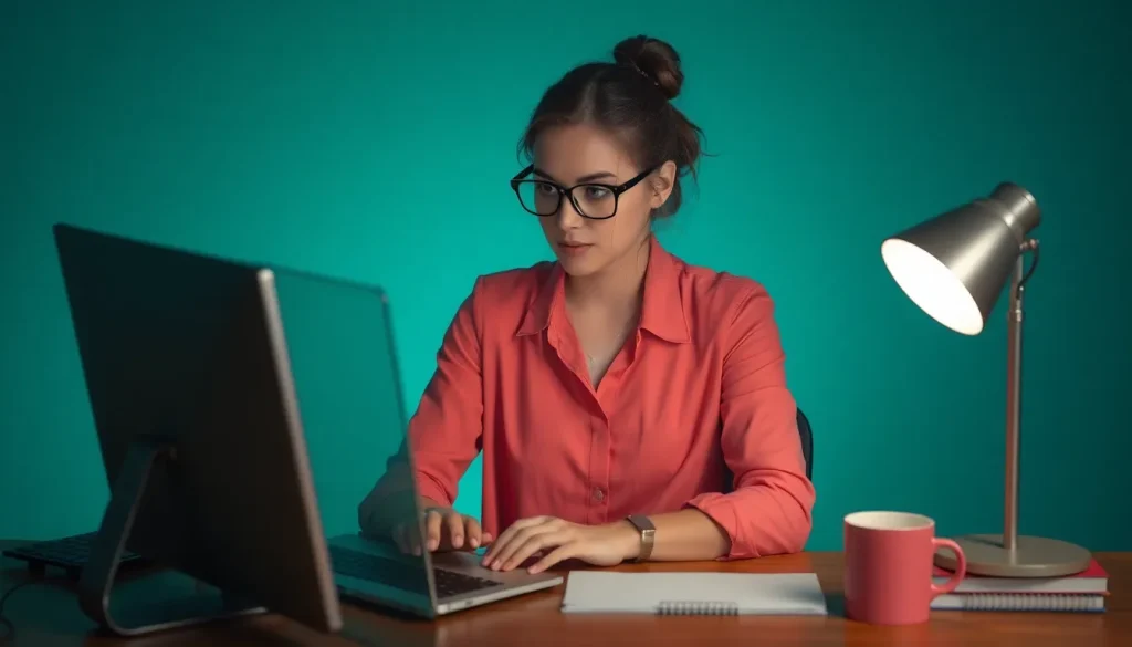 A picture of a woman sat working on her computer