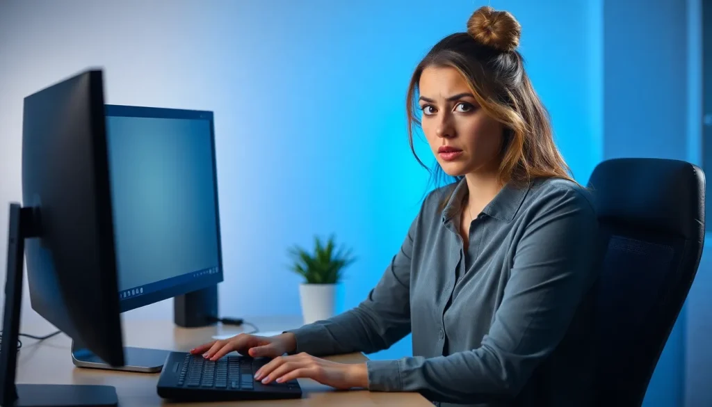 A woman sat at her computer looking concerned