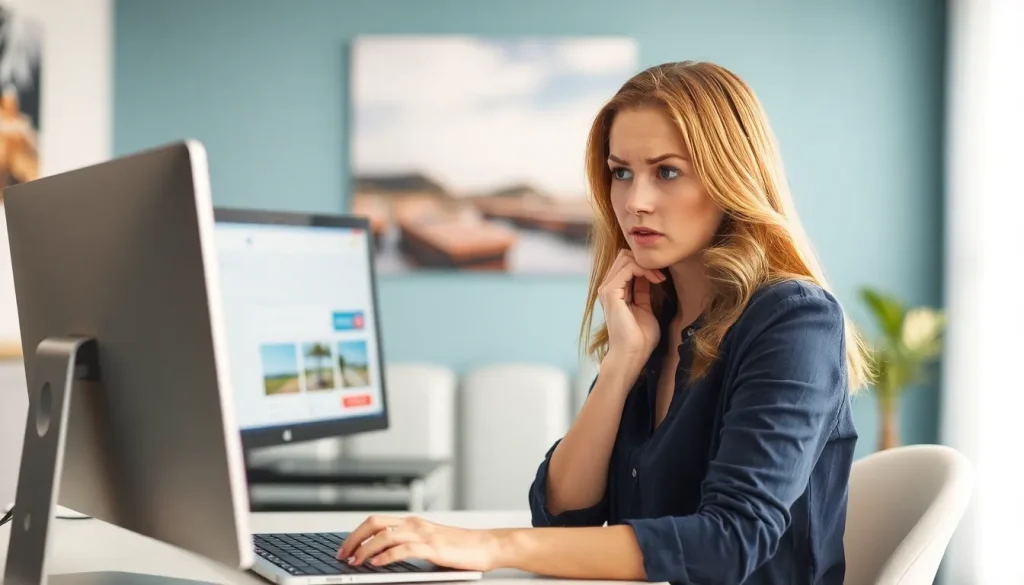 A woman looking concerned while browsing holiday listings on her computer.