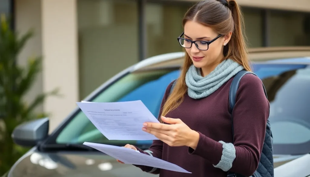 A woman reading her car insurance policy documents