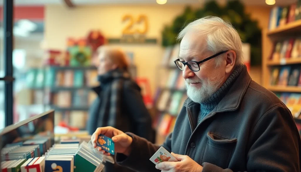 A picture of an elderly man browsing gift cards in a shop