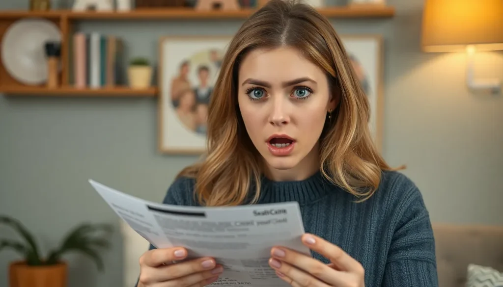 A woman looking shocked while reading her credit card statement