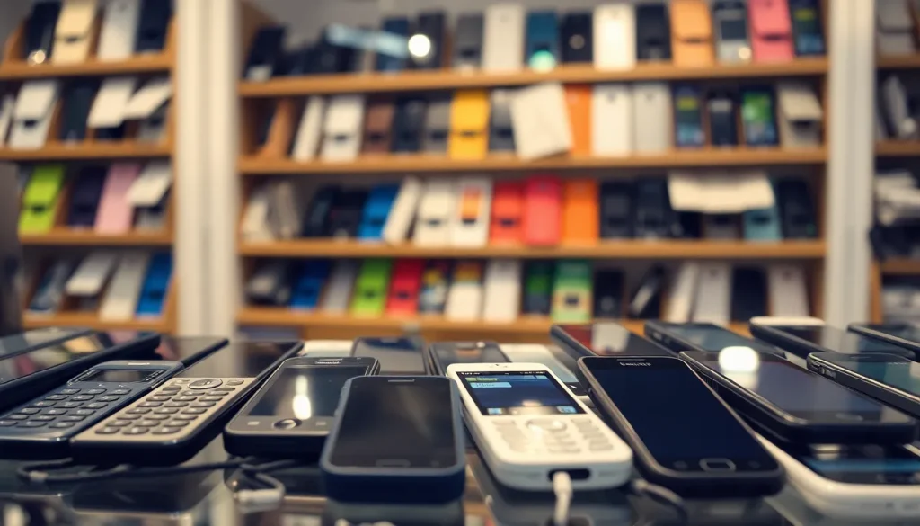 A group of mobile phones laid out in a shop.