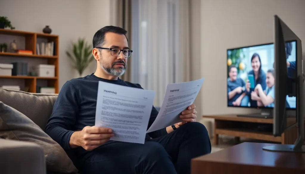A man reading a warning letter while watching TV